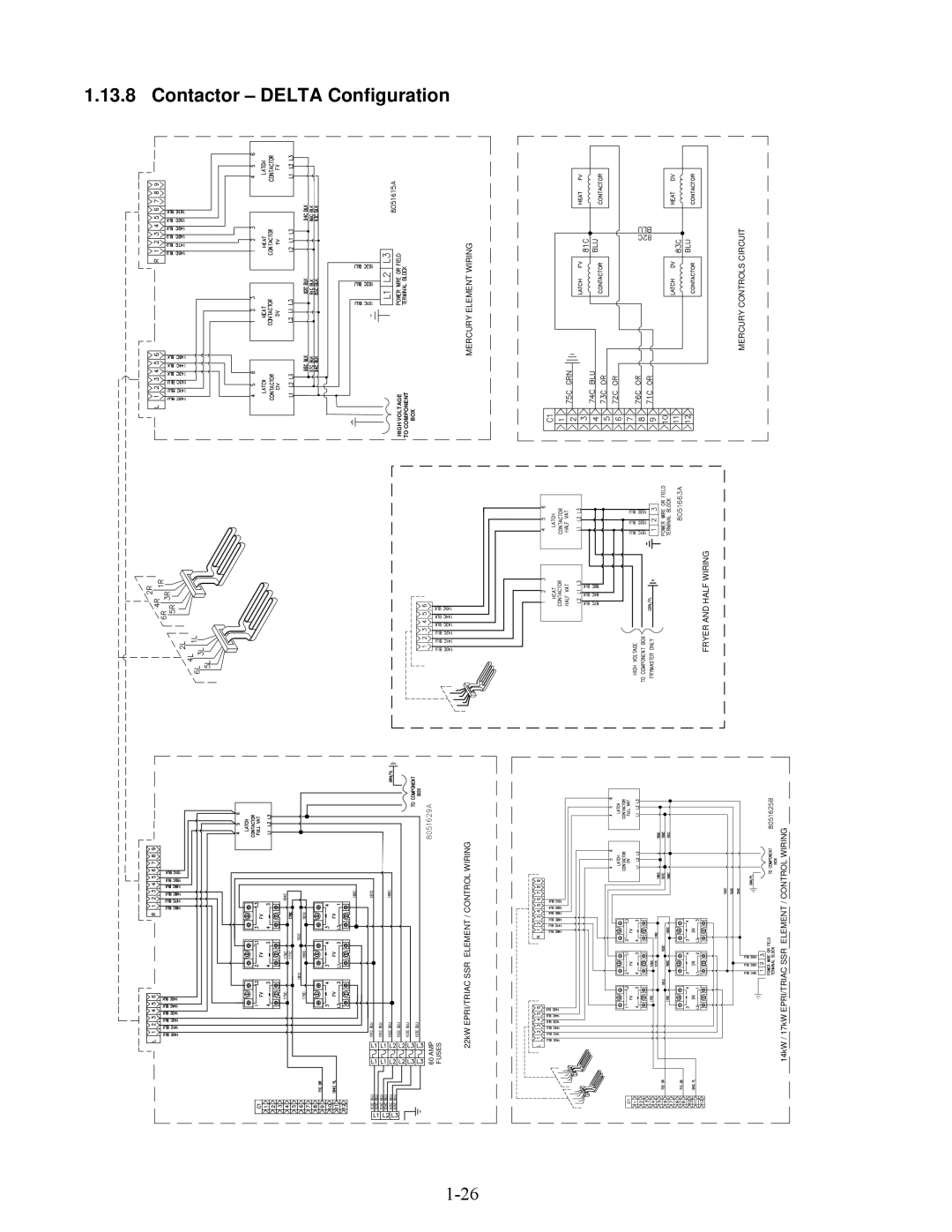 Frymaster E4 manual Contactor Delta Configuration, Fryer and Half Wiring 