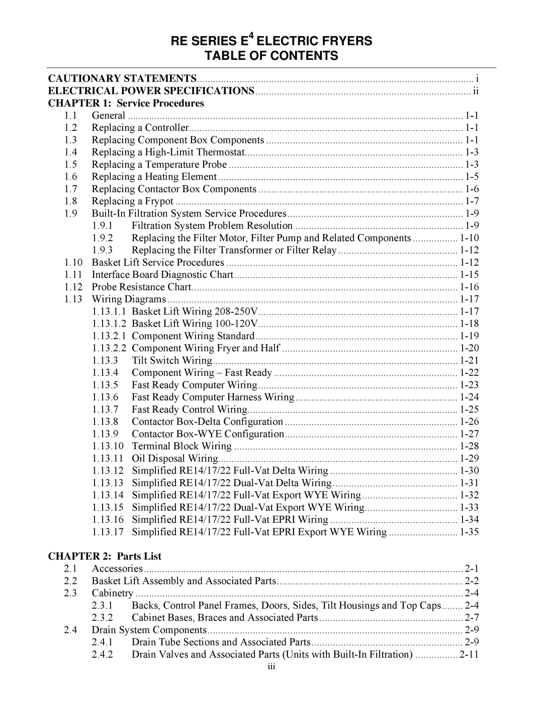 Frymaster manual RE Series E4 Electric Fryers Table of Contents 