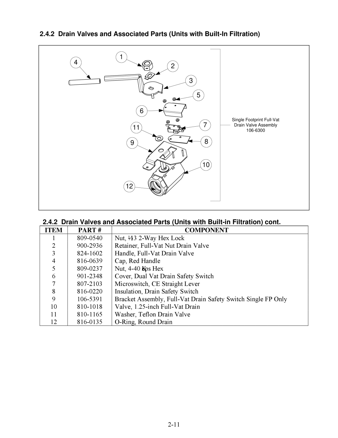 Frymaster E4 manual Single Footprint Full-Vat Drain Valve Assembly 106-6300 