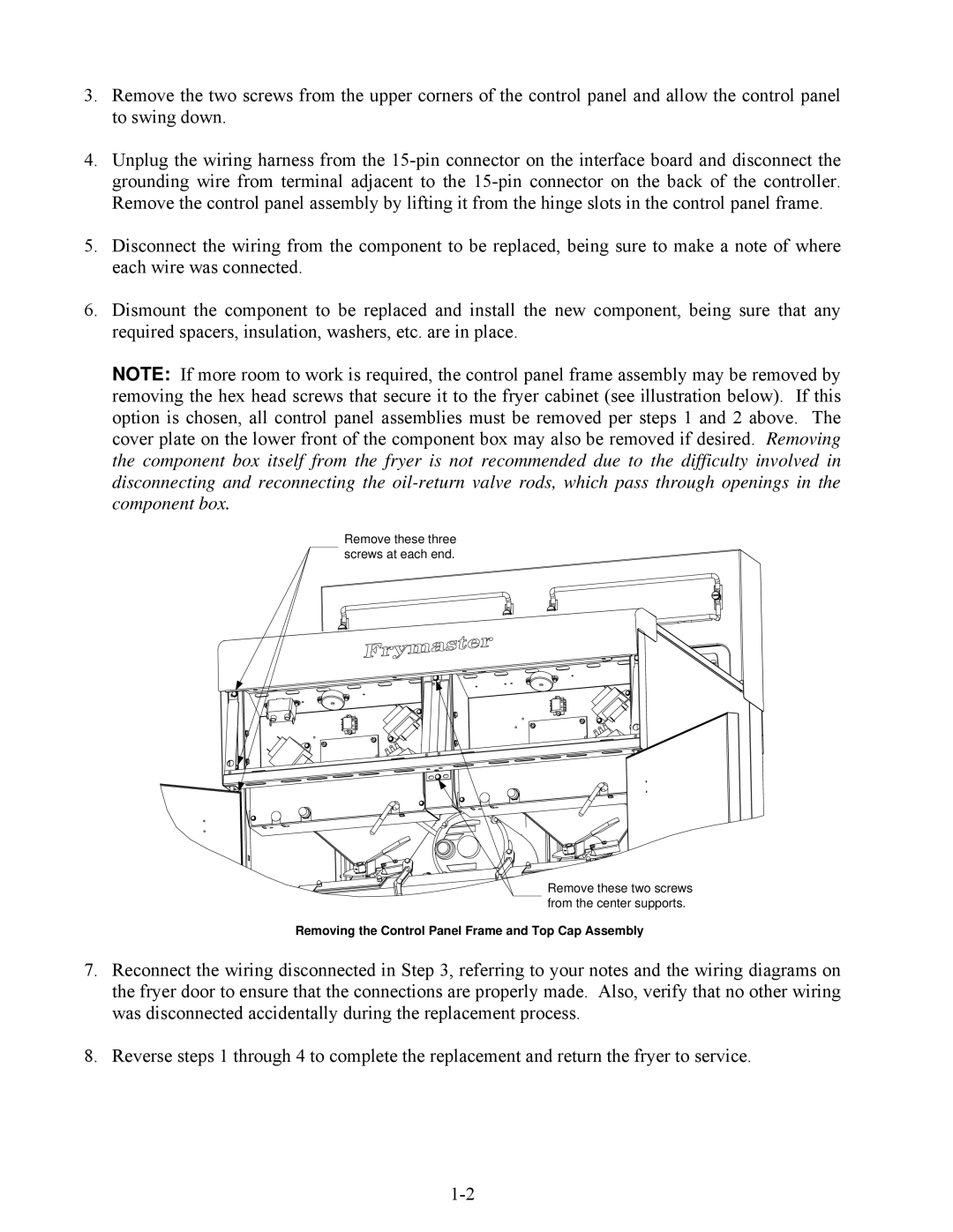 Frymaster E4 manual Removing the Control Panel Frame and Top Cap Assembly 