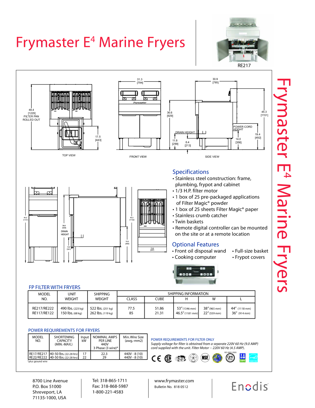 Frymaster E4 warranty Specifications, Optional Features 