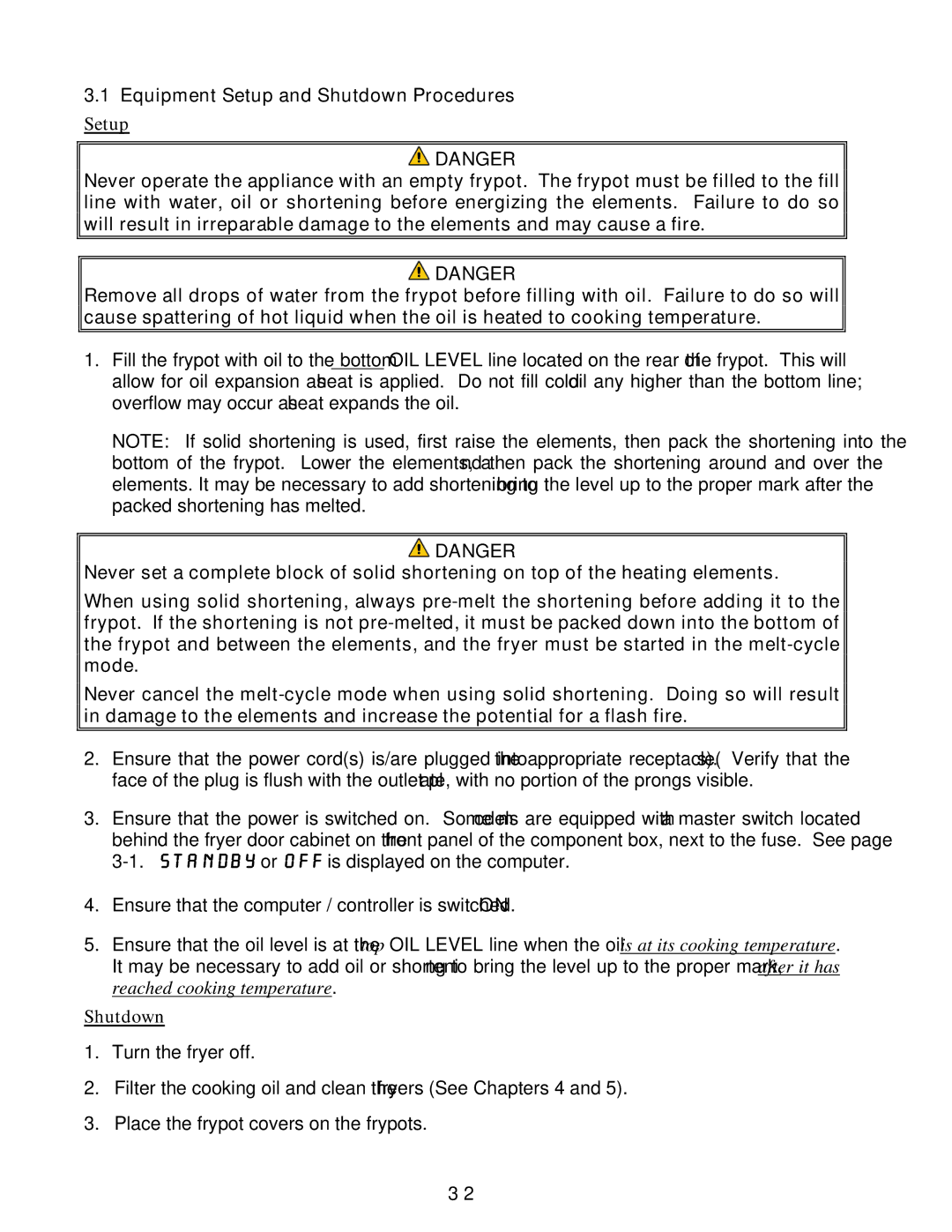 Frymaster E4 operation manual Equipment Setup and Shutdown Procedures 