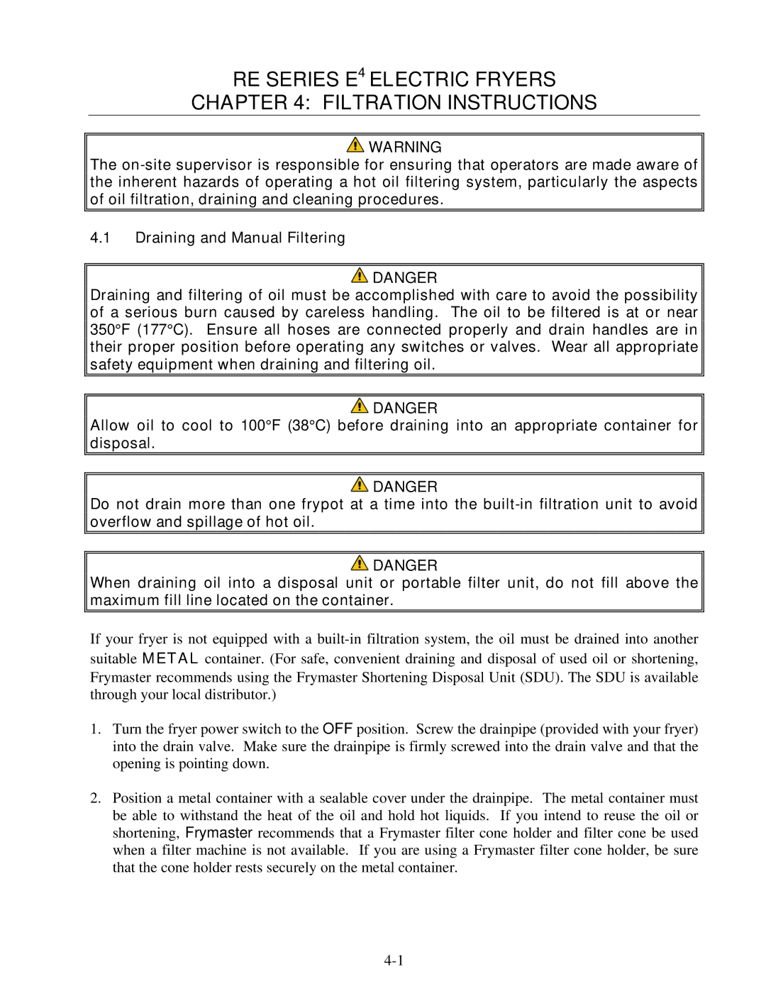 Frymaster operation manual RE Series E4 Electric Fryers Filtration Instructions 