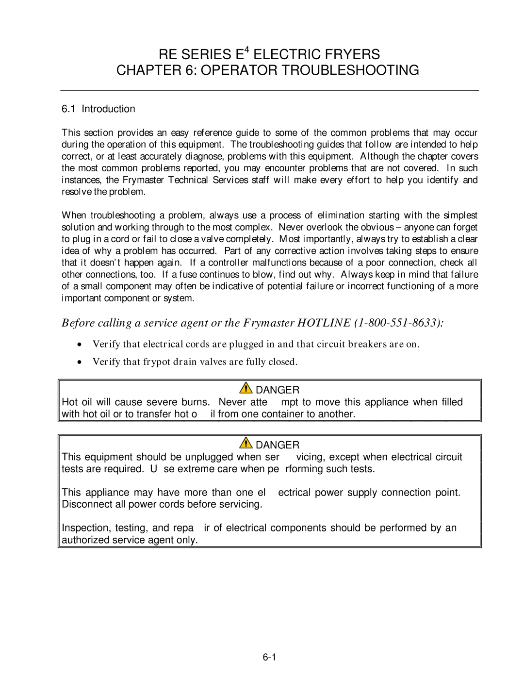 Frymaster operation manual RE Series E4 Electric Fryers Operator Troubleshooting, Introduction 