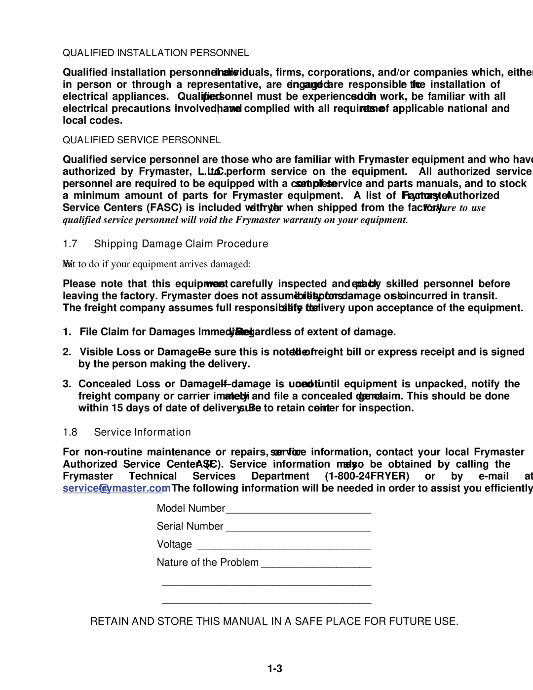 Frymaster E4 operation manual Shipping Damage Claim Procedure, Service Information 