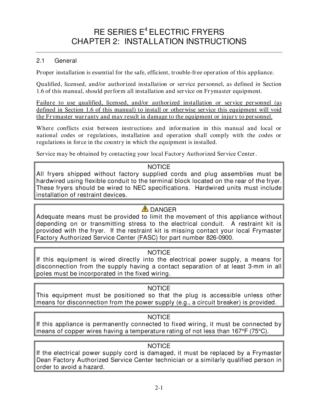 Frymaster operation manual RE Series E4 Electric Fryers Installation Instructions, General 