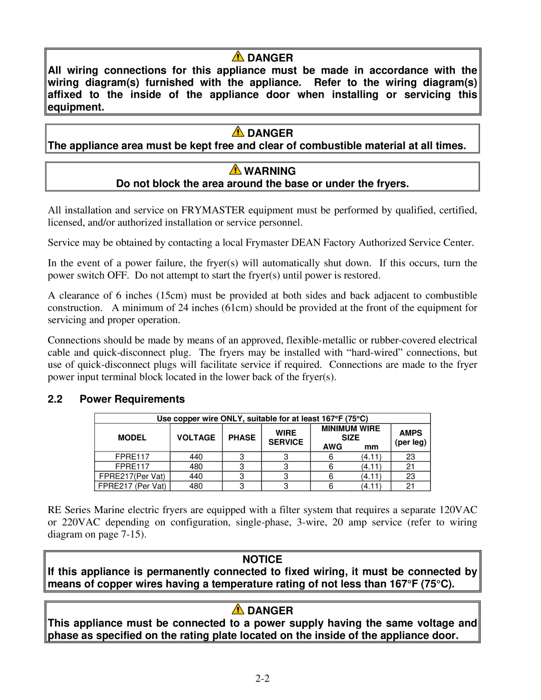 Frymaster E4 manual Power Requirements 