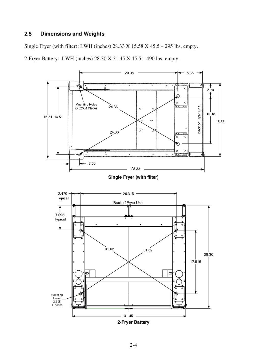 Frymaster E4 manual Dimensions and Weights, Single Fryer with filter 