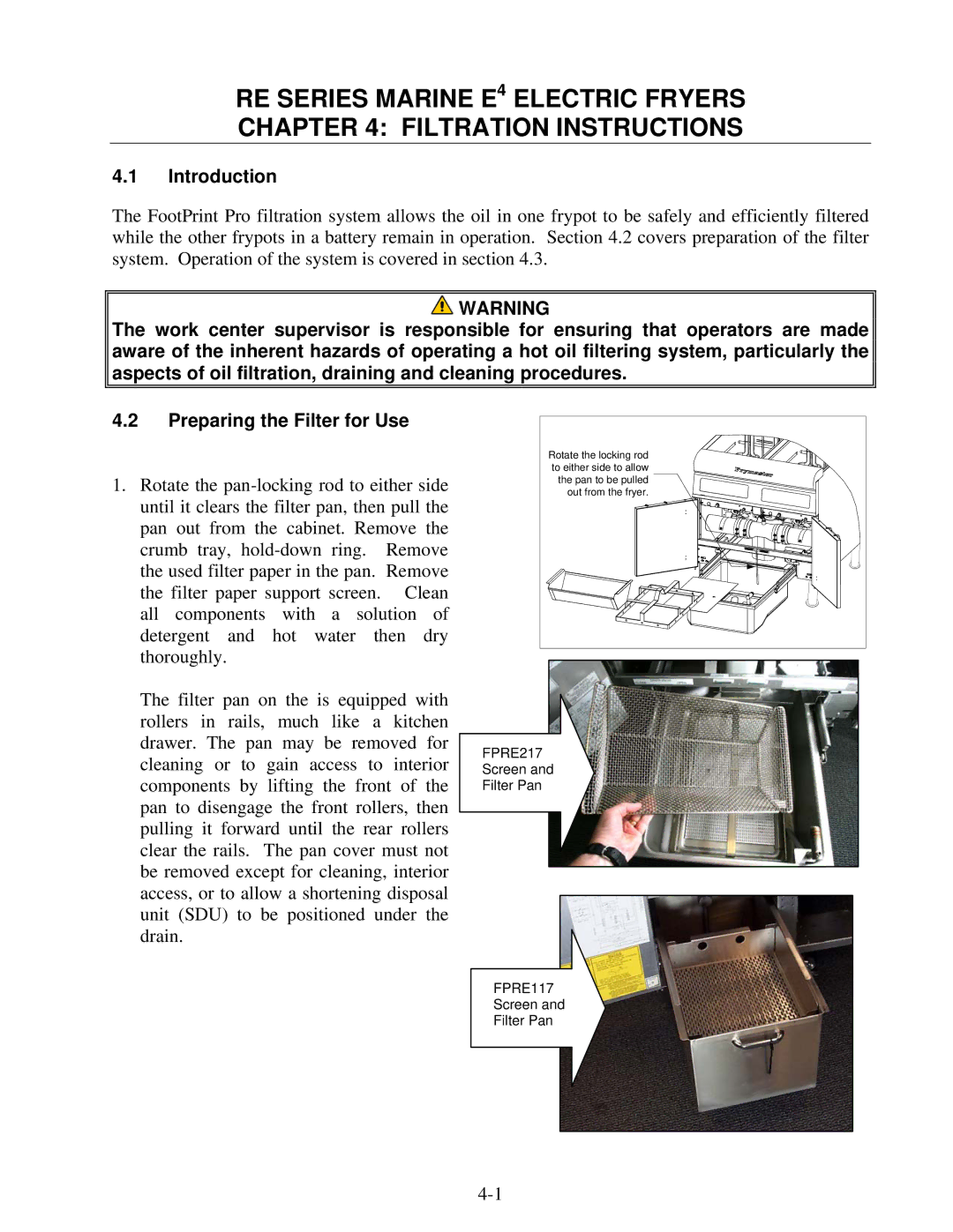 Frymaster manual RE Series Marine E4 Electric Fryers Filtration Instructions 