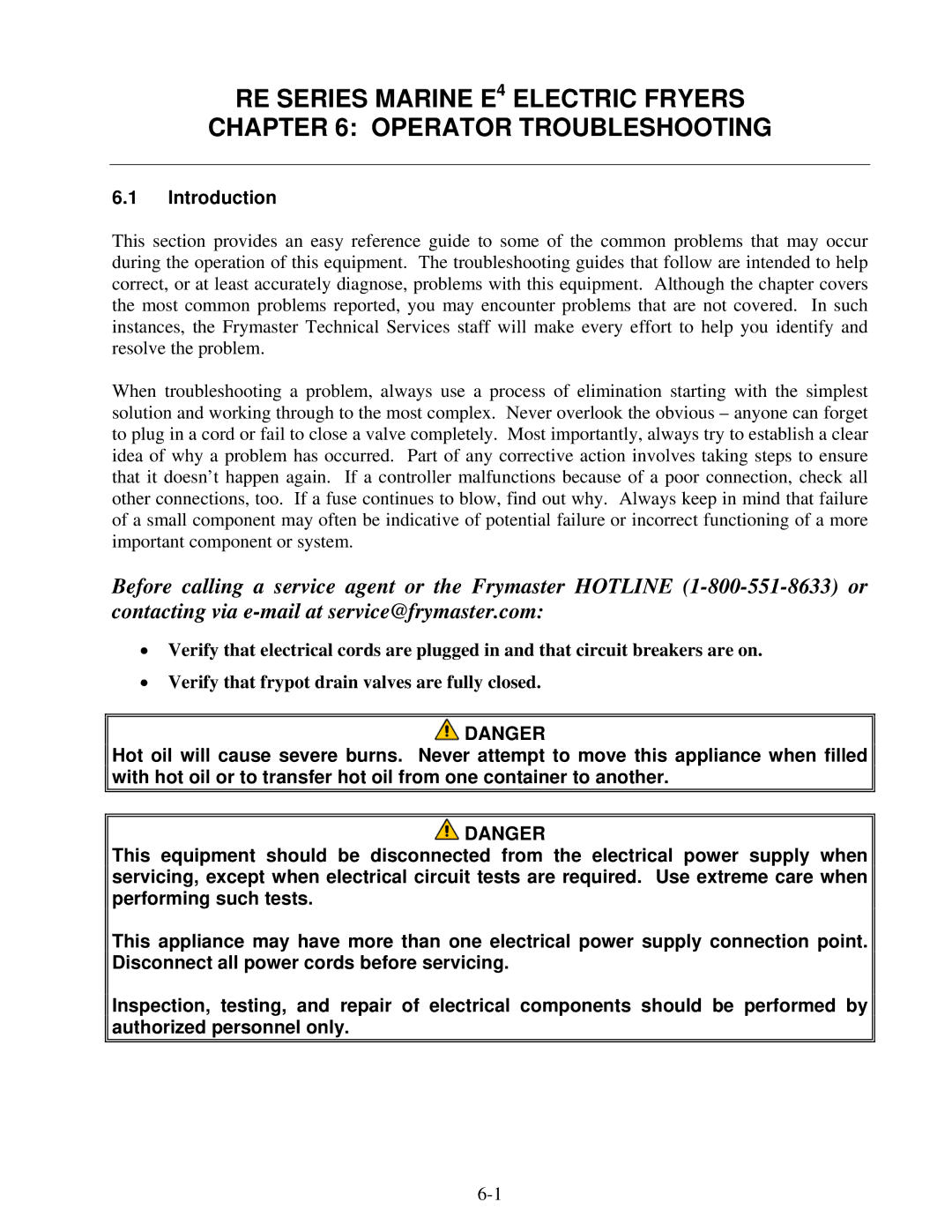 Frymaster manual RE Series Marine E4 Electric Fryers Operator Troubleshooting 