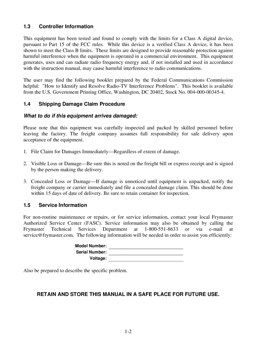 Frymaster E4 manual Controller Information, Shipping Damage Claim Procedure, Service Information 