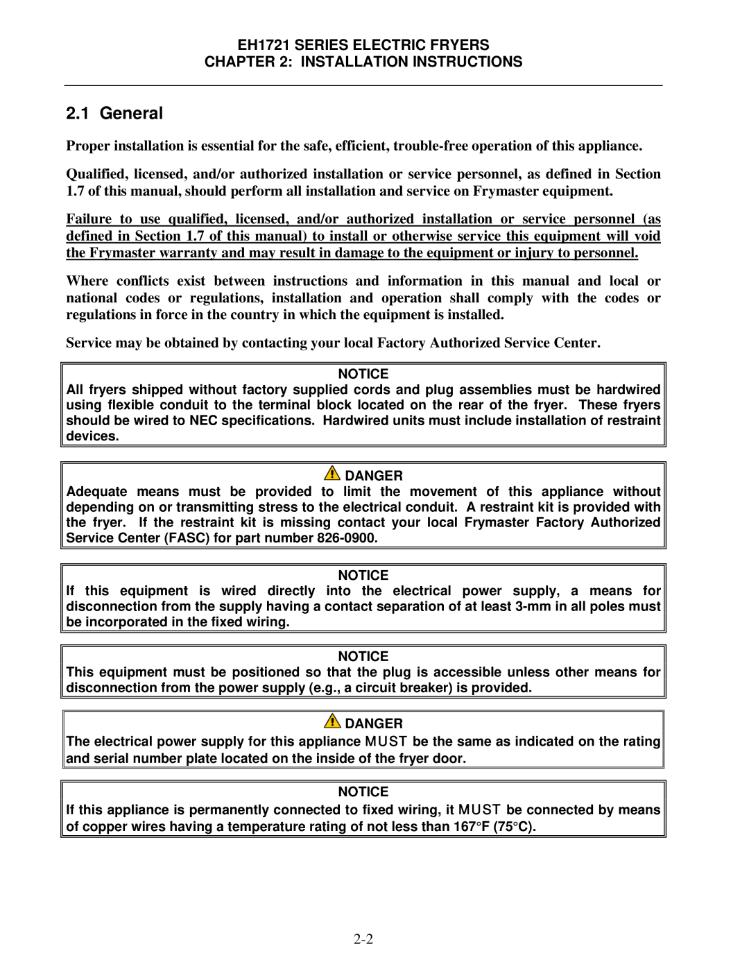 Frymaster EH1721 SERIES operation manual EH1721 Series Electric Fryers Installation Instructions 