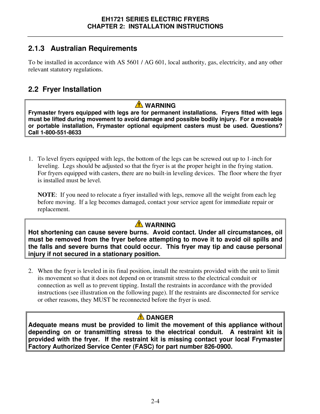 Frymaster EH1721 SERIES operation manual Australian Requirements, Fryer Installation 