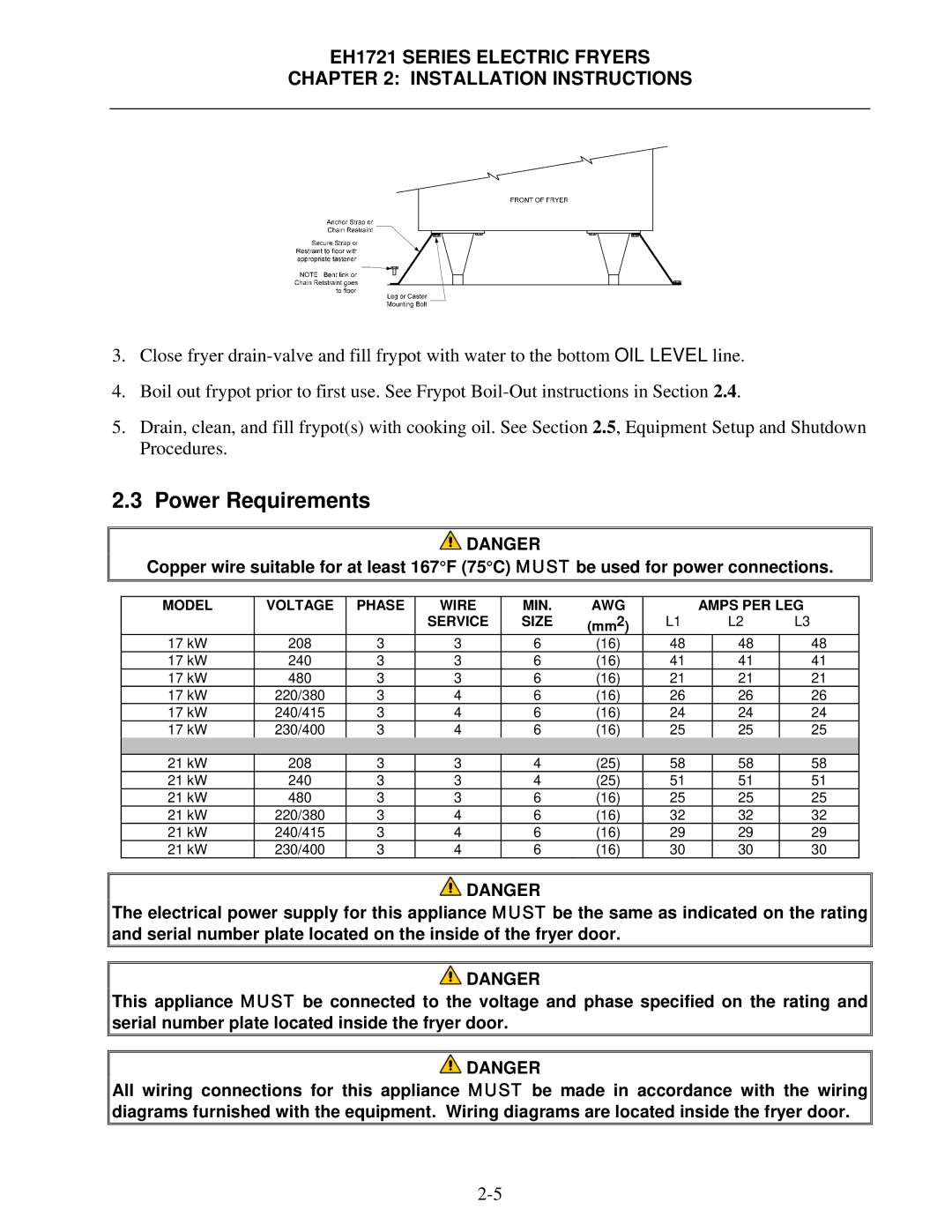 Frymaster EH1721 SERIES operation manual Power Requirements, Model Voltage Phase Wire MIN AWG Amps PER LEG Service Size 