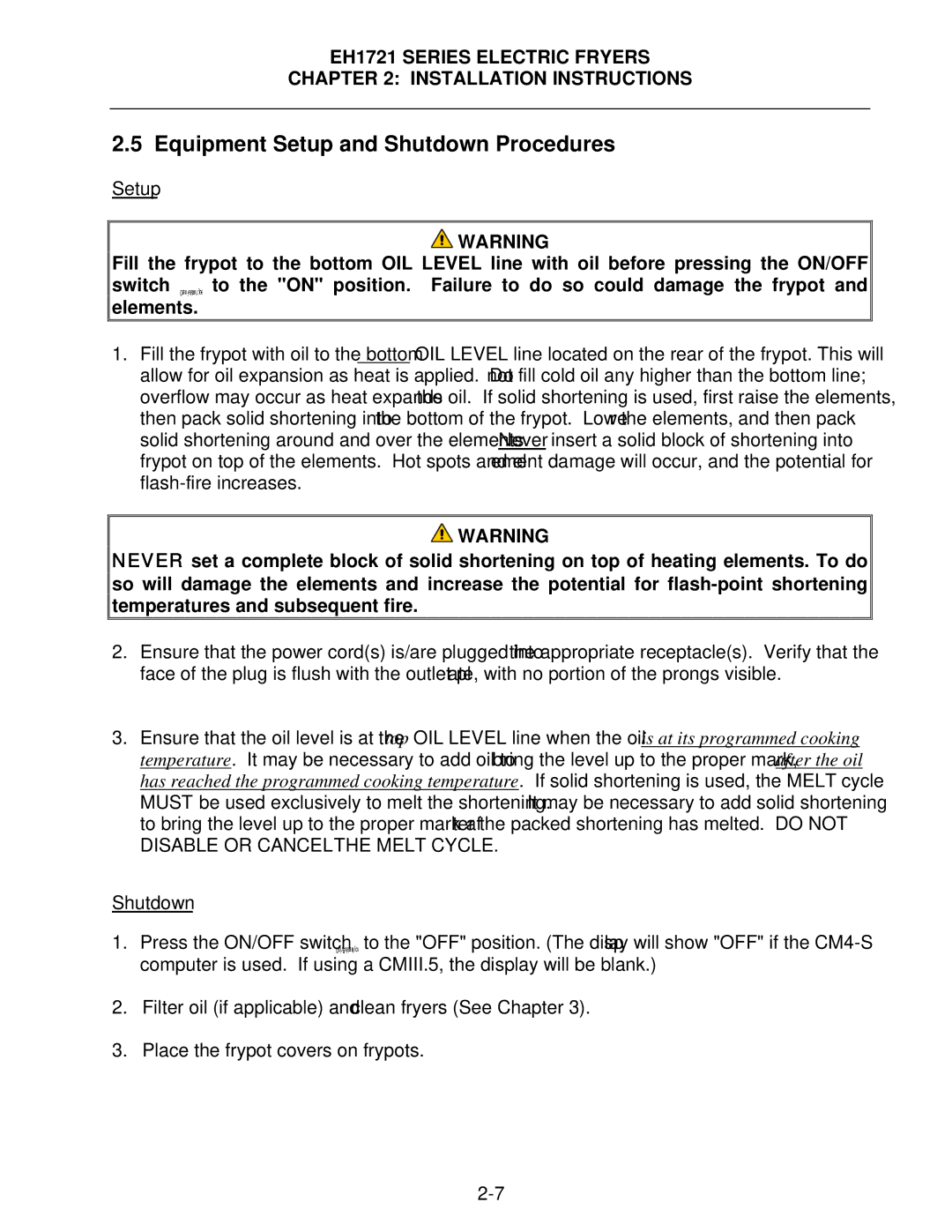 Frymaster EH1721 SERIES operation manual Equipment Setup and Shutdown Procedures 