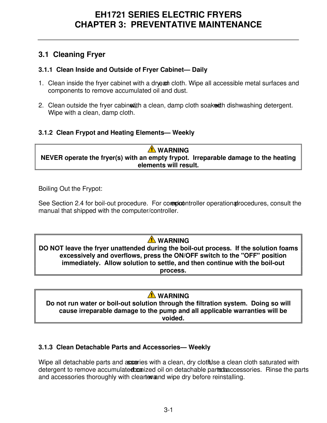 Frymaster EH1721 SERIES operation manual Cleaning Fryer, Clean Inside and Outside of Fryer Cabinet- Daily 