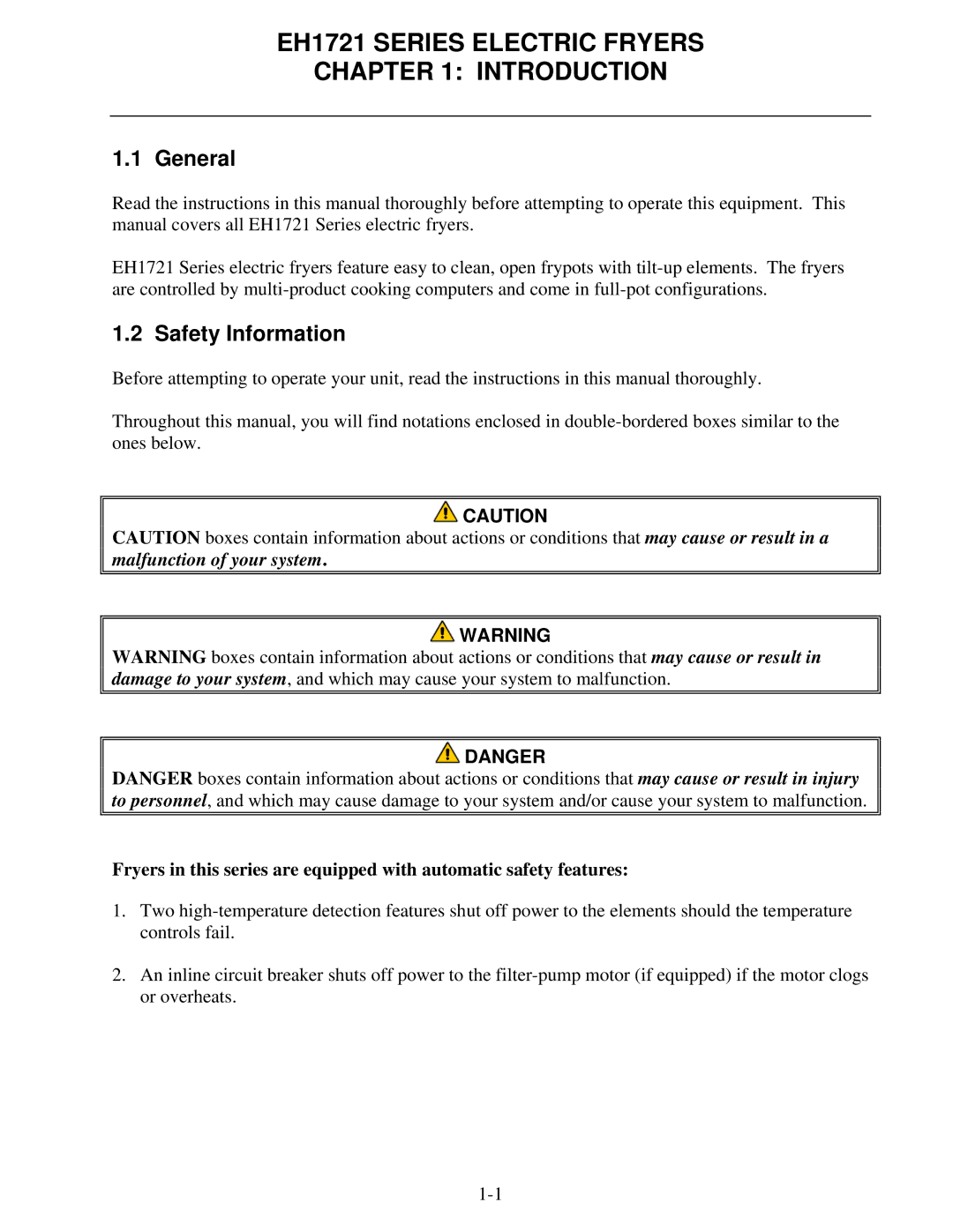 Frymaster EH1721 SERIES operation manual General, Safety Information 