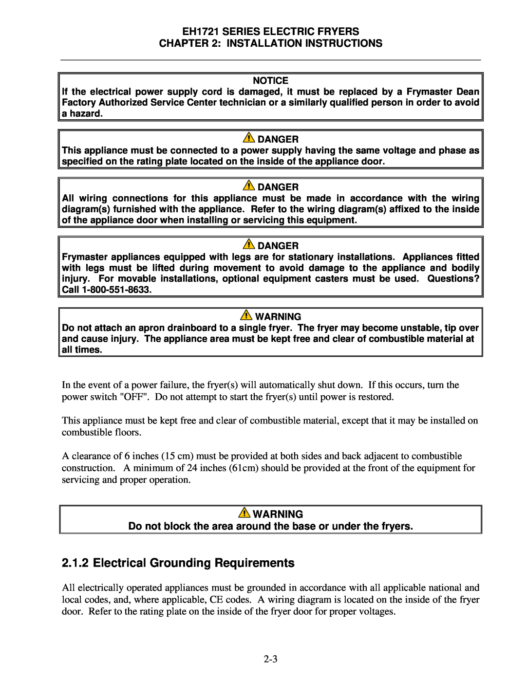 Frymaster operation manual Electrical Grounding Requirements, EH1721 SERIES ELECTRIC FRYERS, Installation Instructions 