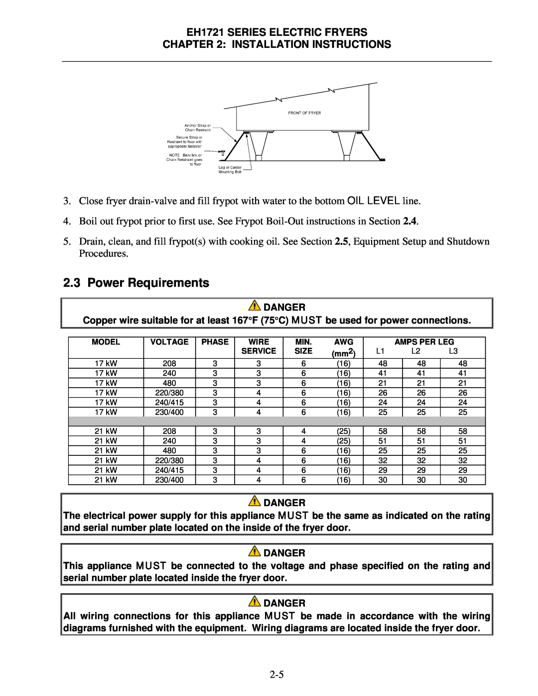 Frymaster EH1721 SERIES operation manual Power Requirements 