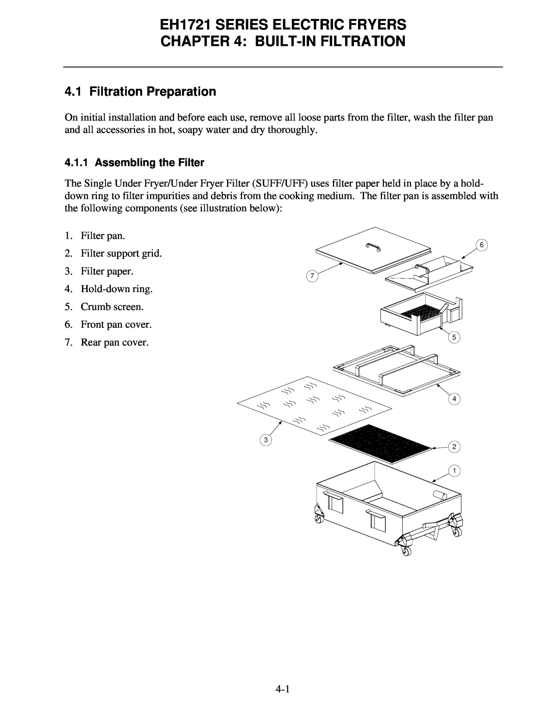 Frymaster operation manual Built-Infiltration, Filtration Preparation, EH1721 SERIES ELECTRIC FRYERS 