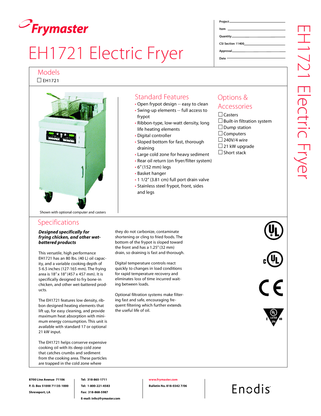 Frymaster specifications EH1721 Electric Fryer 