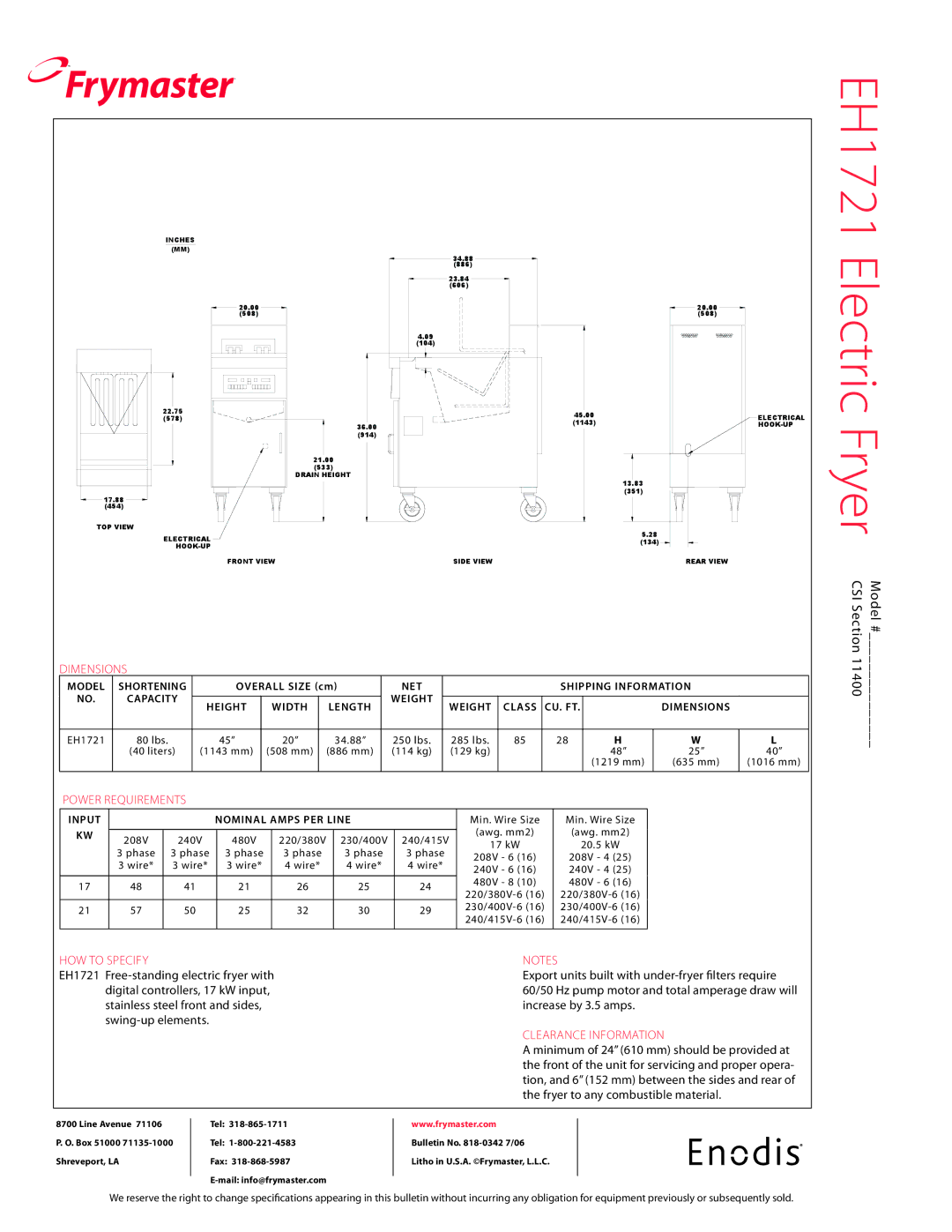 Frymaster EH1721 specifications Dimensions, Power requirements, How to specify 