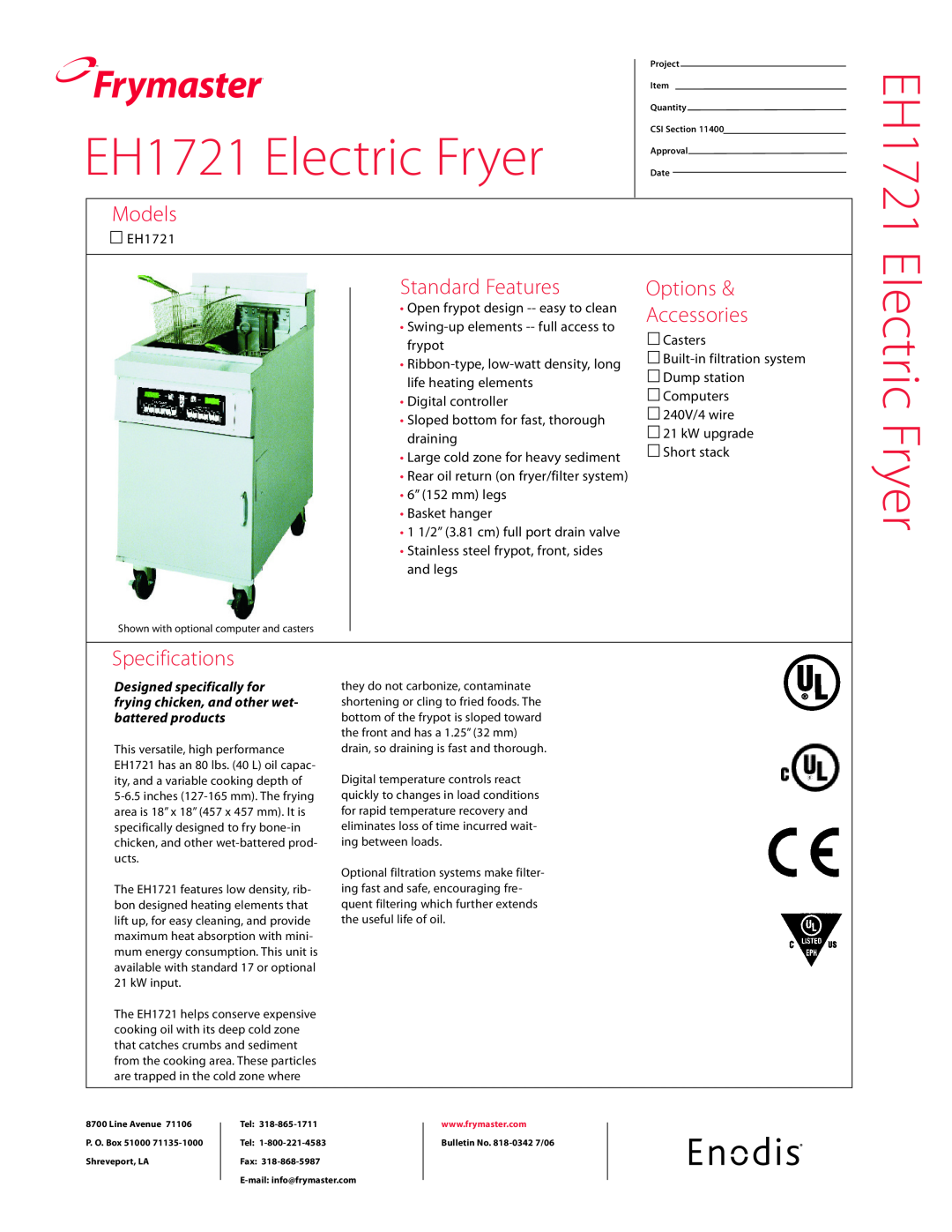 Frymaster specifications EH1721 Electric Fryer, Frymaster, Models, Standard Features, Options, Accessories 