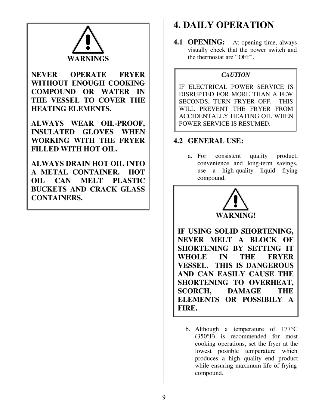 Frymaster Electric Fryer operation manual Daily Operation, General USE 