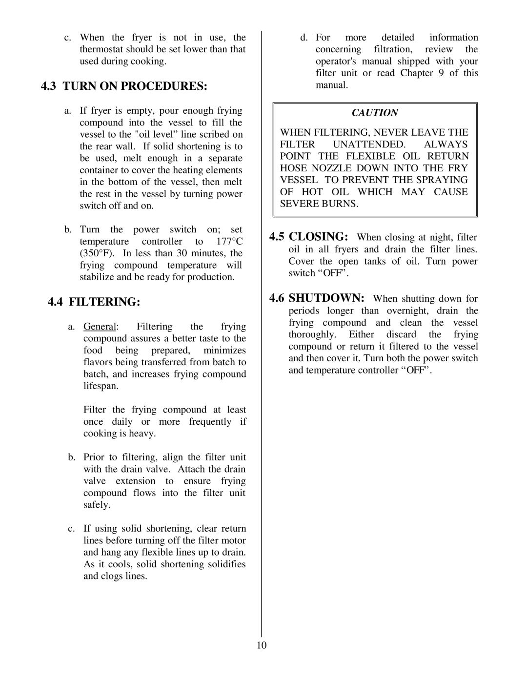 Frymaster Electric Fryer operation manual Turn on Procedures, Filtering 