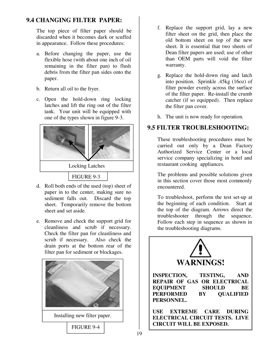 Frymaster Electric Fryer operation manual Changing Filter Paper, Filter Troubleshooting 