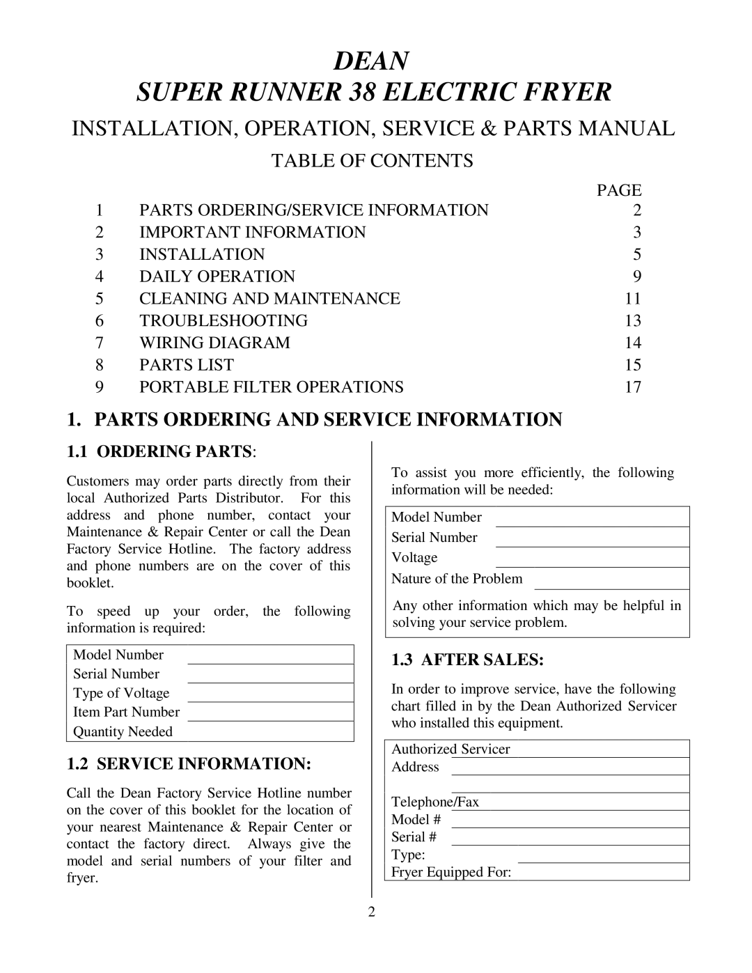 Frymaster operation manual Dean Super Runner 38 Electric Fryer, Parts Ordering and Service Information 