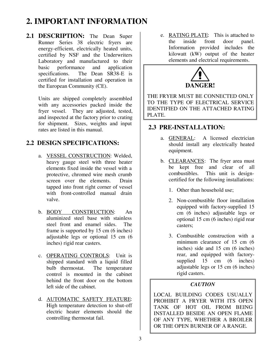 Frymaster Electric Fryer operation manual Description The Dean Super, Design Specifications, Pre-Installation 