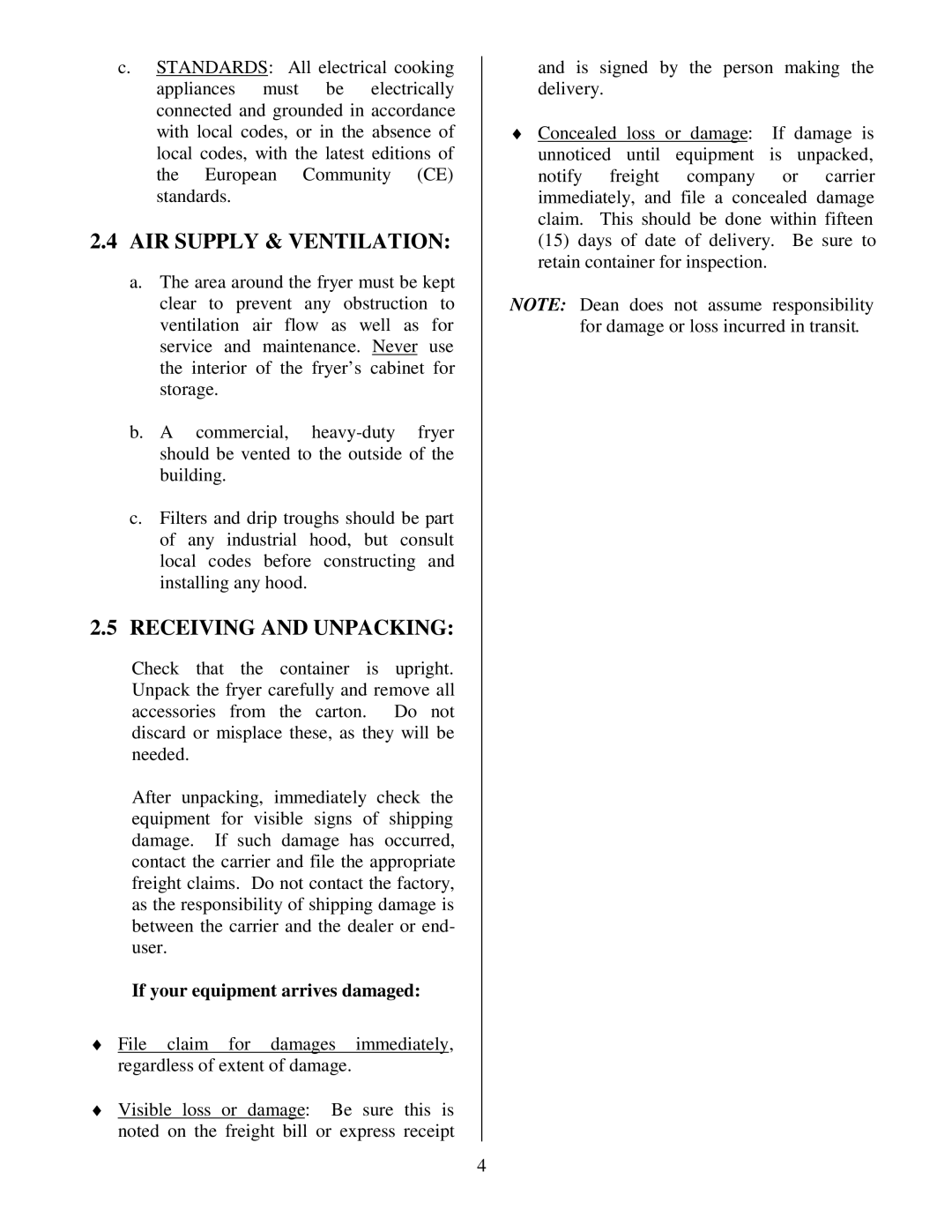 Frymaster Electric Fryer operation manual AIR Supply & Ventilation, Receiving and Unpacking 