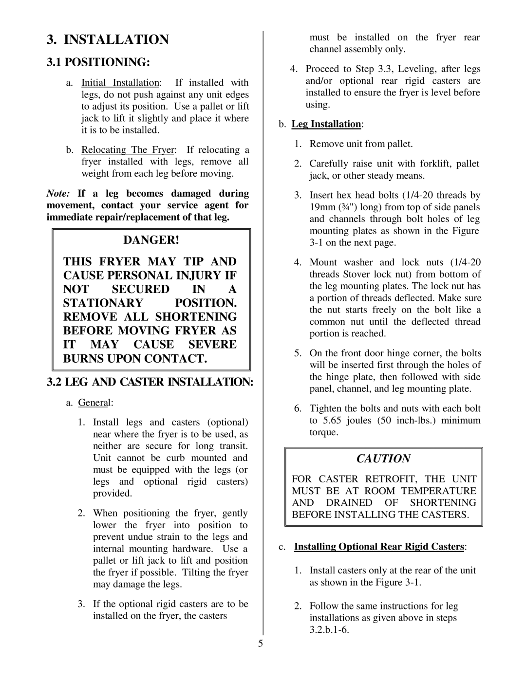 Frymaster Electric Fryer operation manual Installation, Positioning 