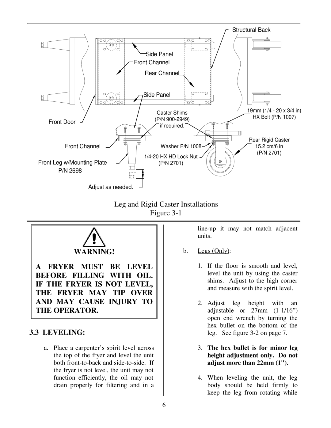 Frymaster Electric Fryer operation manual Leg and Rigid Caster Installations 