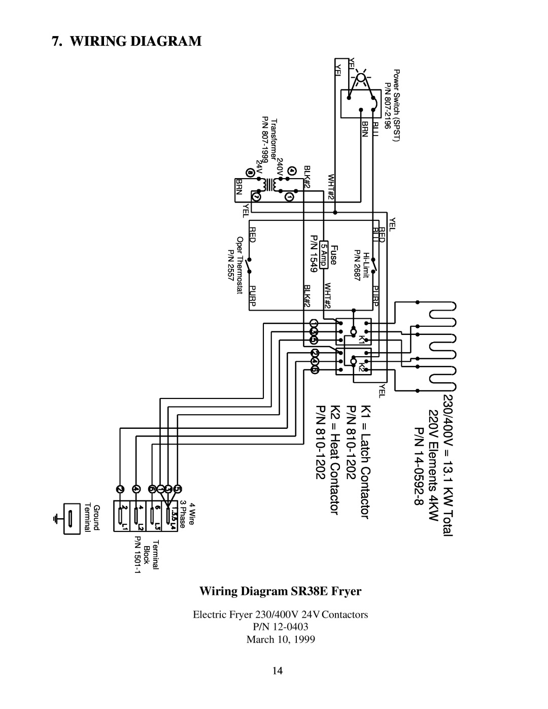 Frymaster Electric Fryer operation manual Wiring Diagram, 230/400V = 13.1 K, 220V Elements 4K, W Total, Fuse 