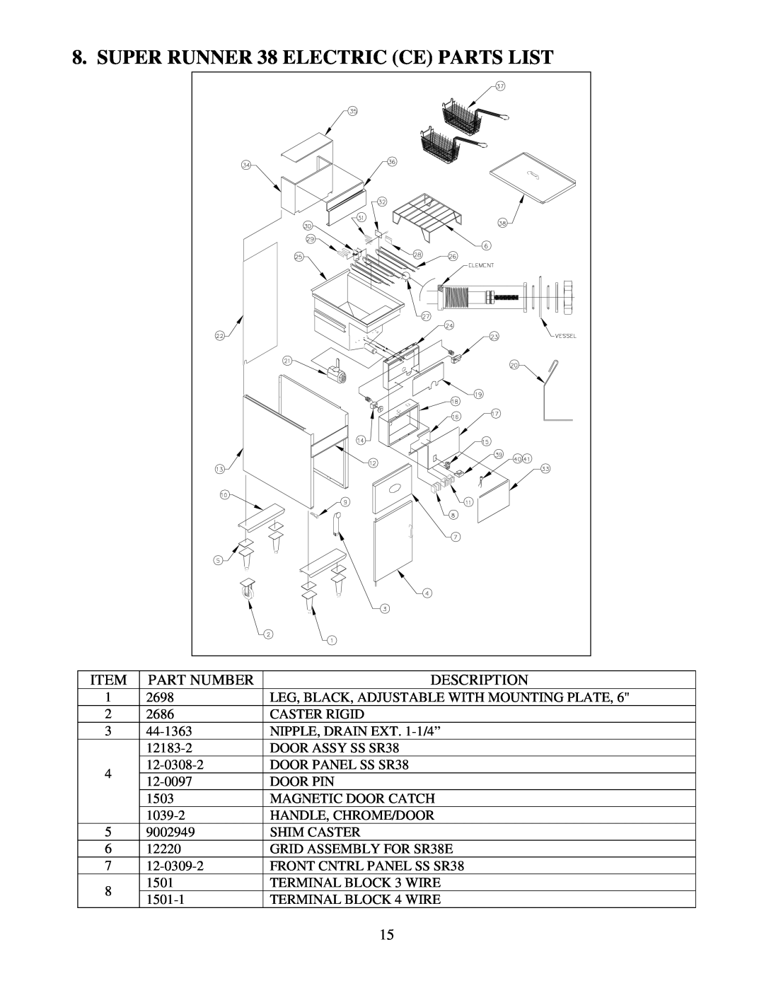 Frymaster Electric Fryer operation manual SUPER RUNNER 38 ELECTRIC CE PARTS LIST, Part Number, Description 