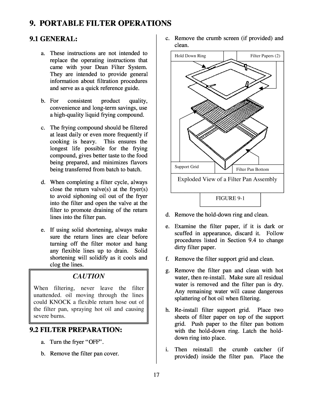 Frymaster Electric Fryer operation manual Portable Filter Operations, 9.1GENERAL, 9.2FILTER PREPARATION 