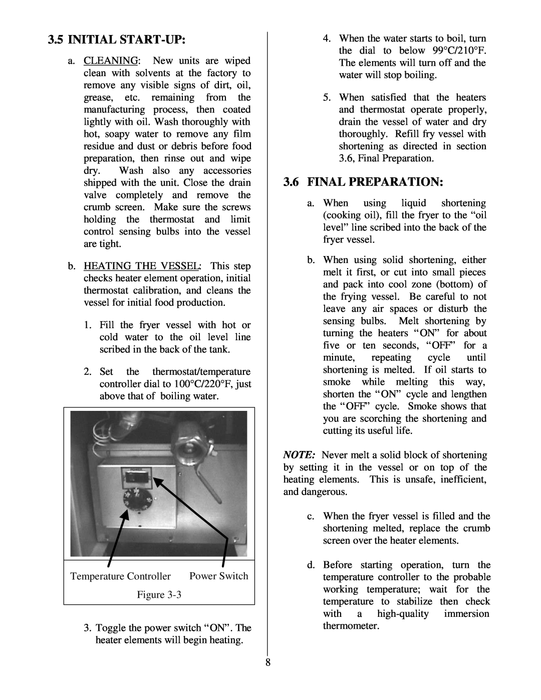Frymaster Electric Fryer operation manual 3.5INITIAL START-UP, 3.6FINAL PREPARATION 