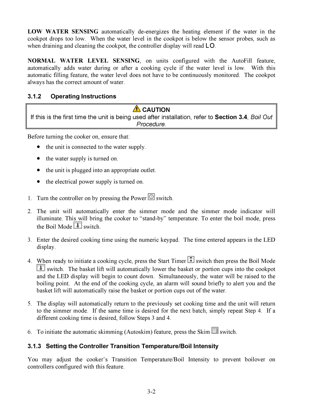 Frymaster ESW, 17ECS, EWBS manual Operating Instructions, Setting the Controller Transition Temperature/Boil Intensity 