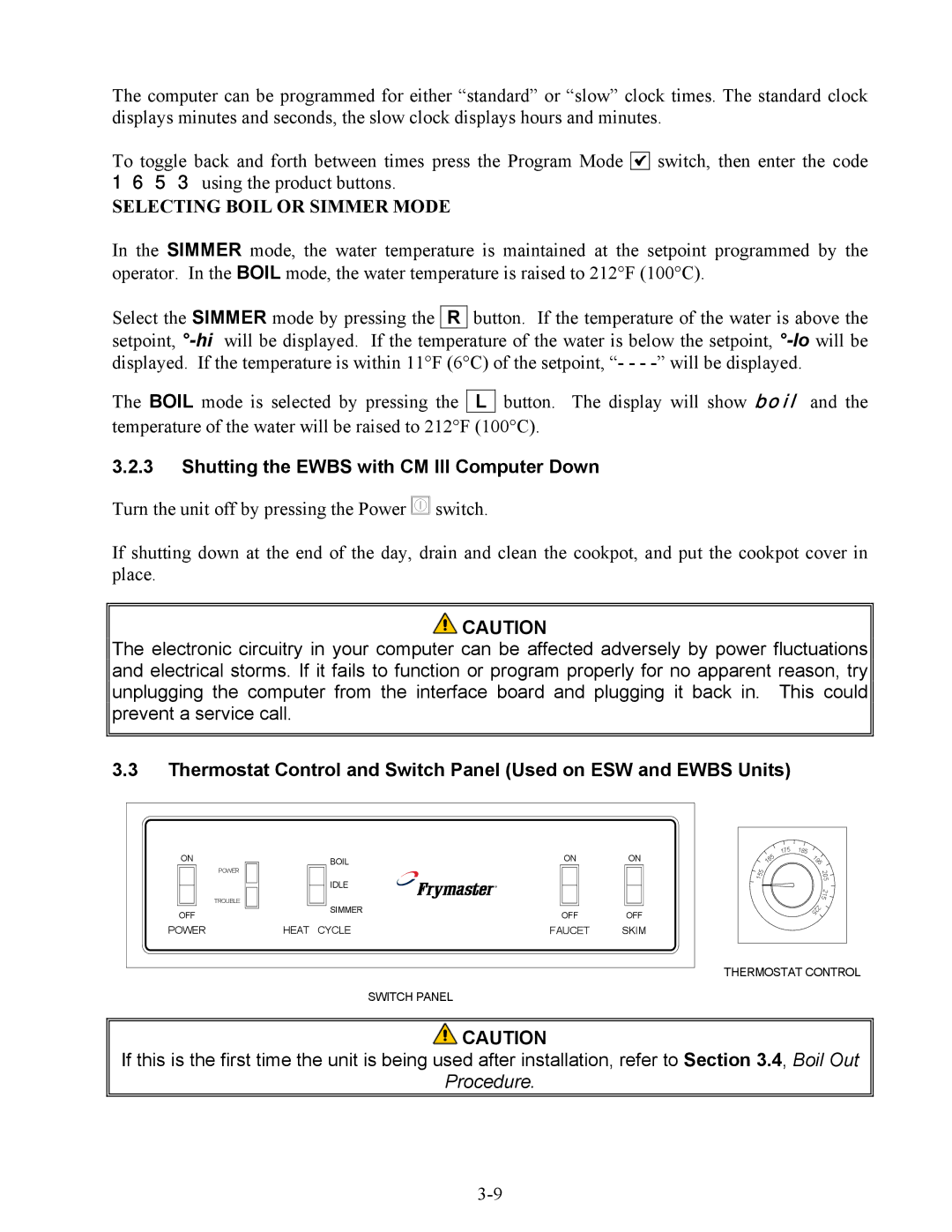 Frymaster ESW, 17ECS, EWBS manual Selecting Boil or Simmer Mode, Shutting the Ewbs with CM III Computer Down 