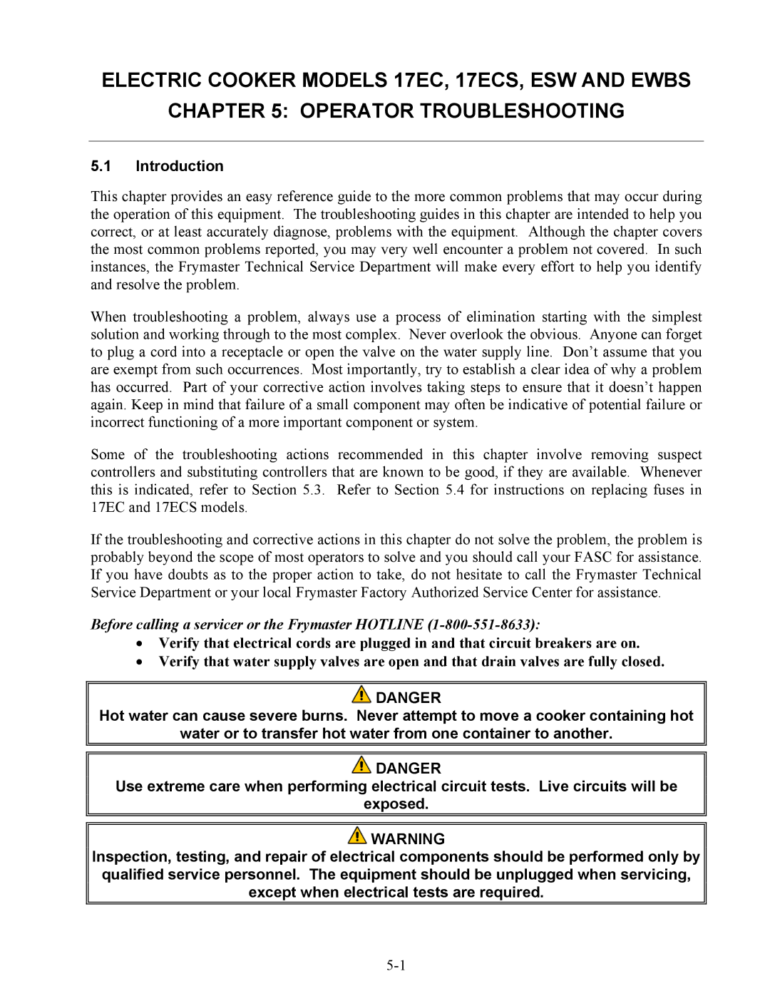 Frymaster 17ECS, ESW, EWBS manual Before calling a servicer or the Frymaster Hotline 