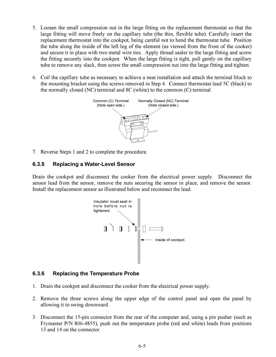 Frymaster 17ECS, ESW, EWBS manual Replacing a Water-Level Sensor, Replacing the Temperature Probe 