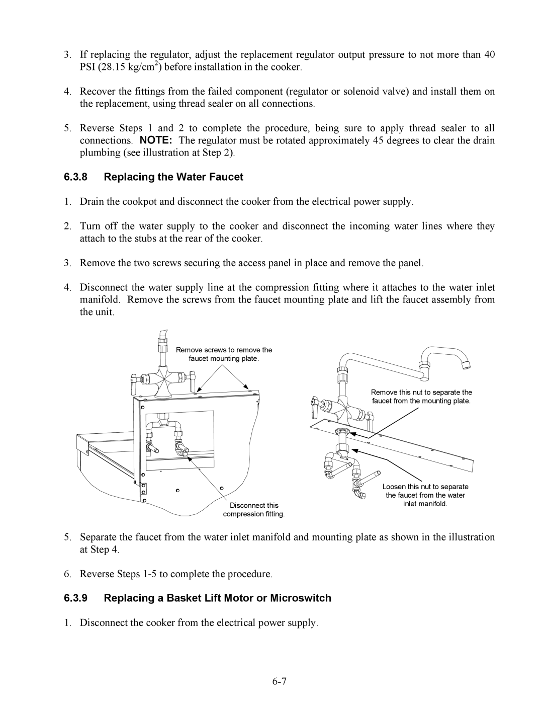 Frymaster ESW, 17ECS, EWBS manual Replacing the Water Faucet, Replacing a Basket Lift Motor or Microswitch 