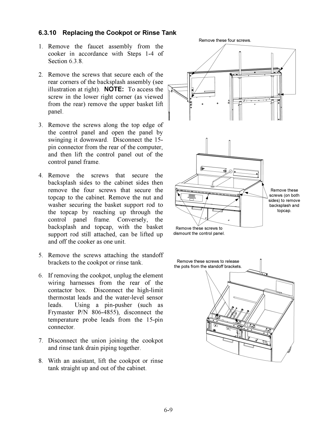 Frymaster 17ECS, ESW, EWBS manual Replacing the Cookpot or Rinse Tank 