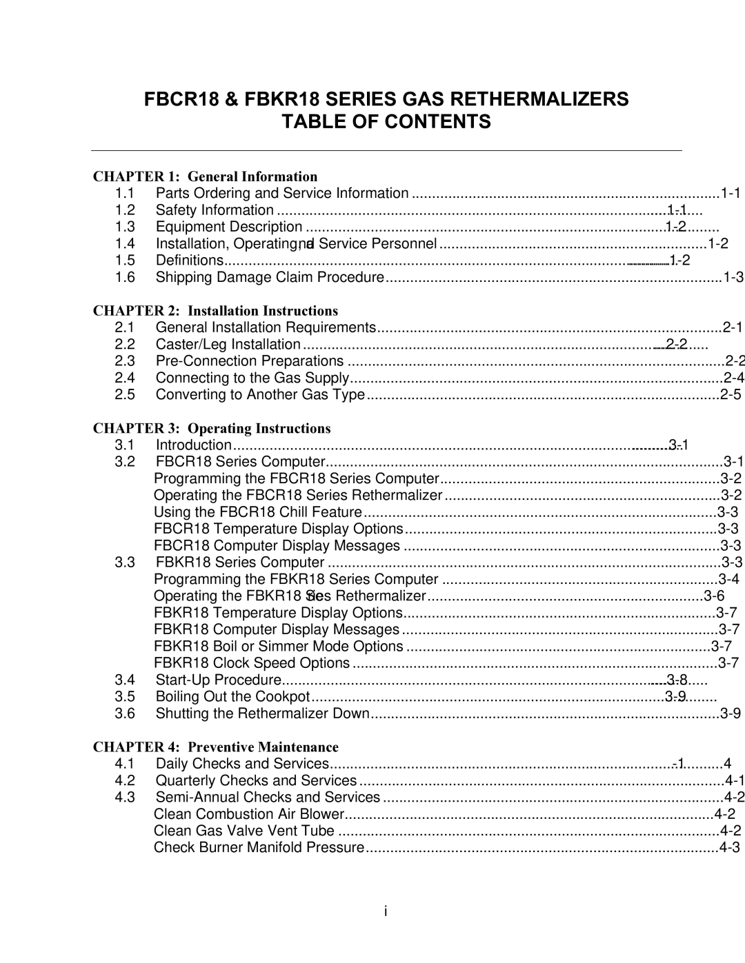 Frymaster manual FBCR18 & FBKR18 Series GAS Rethermalizers Table of Contents 