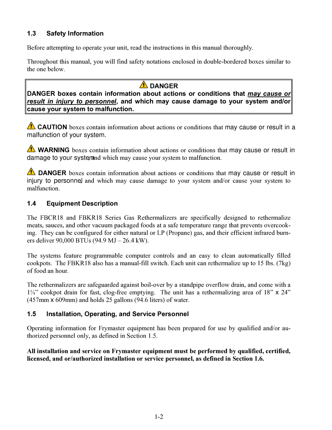 Frymaster FBKR18 Series, FBCR18 Safety Information, Equipment Description, Installation, Operating, and Service Personnel 