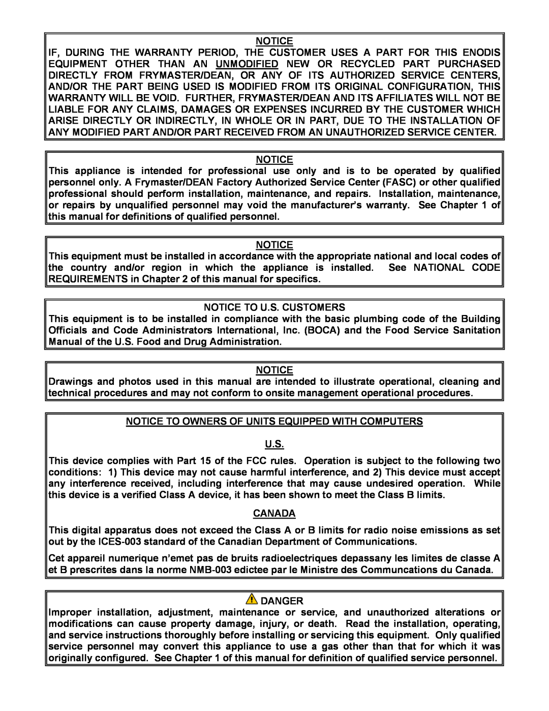 Frymaster FBCR18 manual Notice To U.S. Customers, Notice To Owners Of Units Equipped With Computers U.S, Canada, Danger 