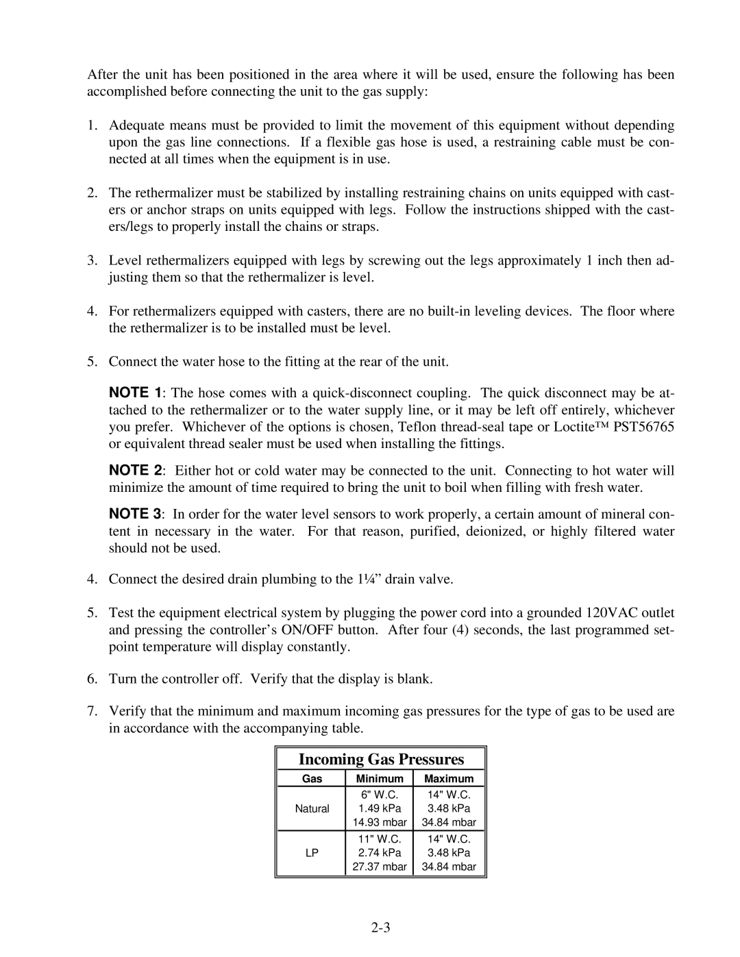 Frymaster FBR18 Series manual Incoming Gas Pressures 