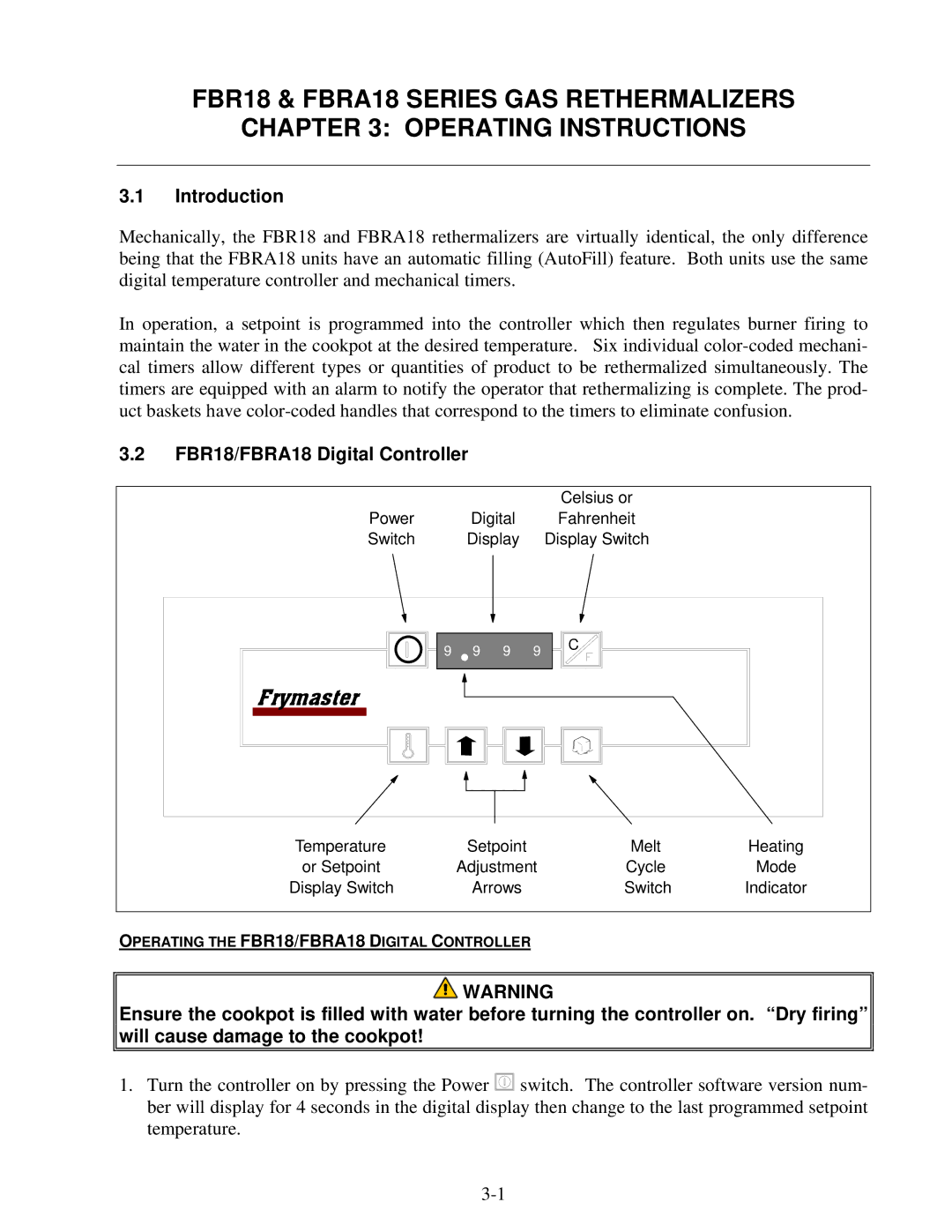 Frymaster FBR18 Series manual Introduction, FBR18/FBRA18 Digital Controller 